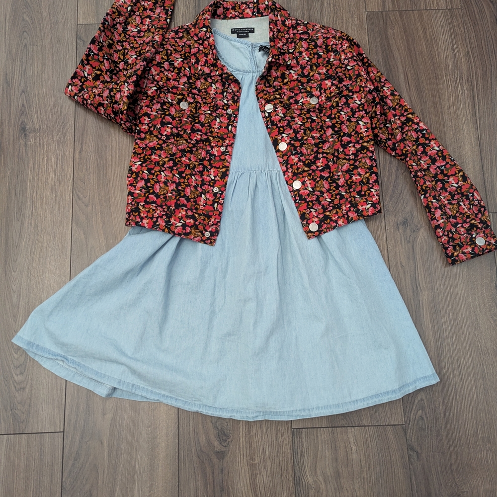 Floral Jacket and Blue Dress Set for Kids